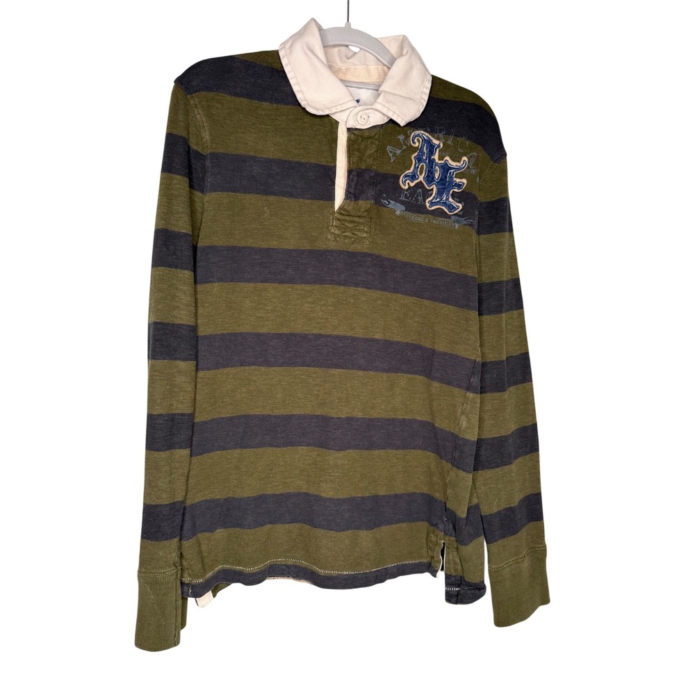 American Eagle Outfitter vintage rugby polo shirt green and navy blue striped